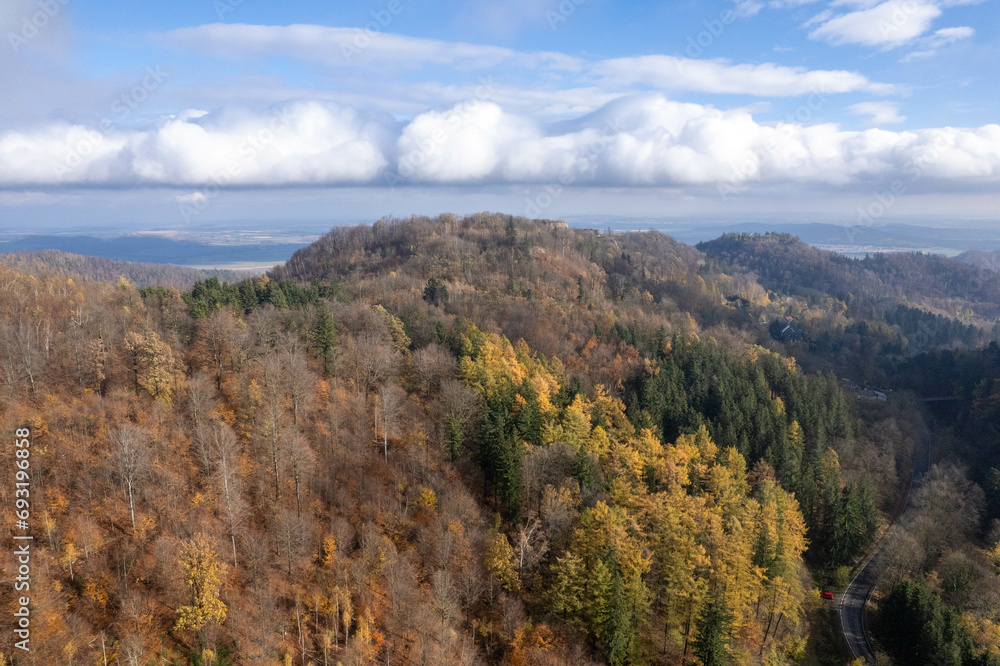Southern Poland landscape, mountains, autumn, day, sun, sky, clouds, Klodzka Basin, dramatic and majestic scenery Southern Poland landscape, mountains, autumn, day, sun, sky, clouds, Klodzka Basin, dramatic and majestic scenery