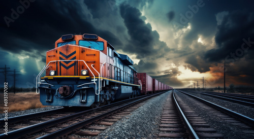 freight cargo train traveling on train tracks on dark sky