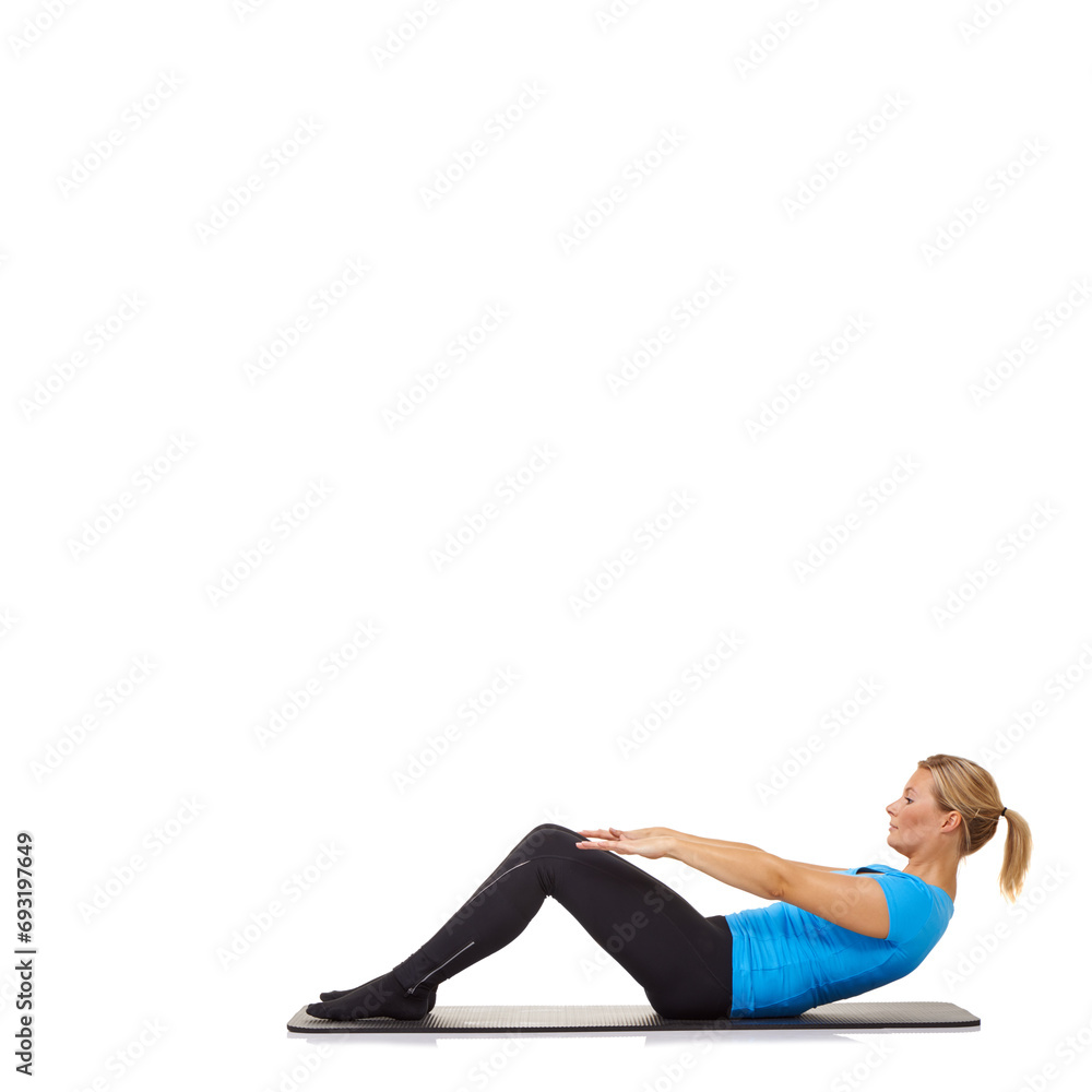 Woman, crunches or mat in studio for fitness, stretching or workout for healthy body, wellness or core muscle. Person, exercise or yoga on floor for abdomen health on mockup space or white background Woman, crunches or mat in studio for fitness, stretching or workout for healthy body, wellness or core muscle. Person, exercise or yoga on floor for abdomen health on mockup space or white background