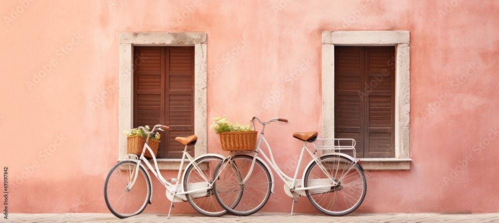old wooden bicycles by the door of a pink wall old wooden bicycles by the door of a pink wall