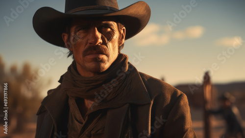 Portrait of a tough cowboy with hat in western movie style. Blurry landscape in the background.