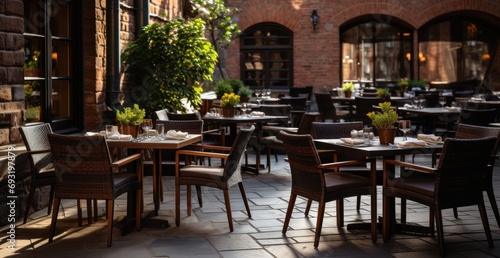 outdoor restaurant sitting chairs with tables outside next to a brick street wall