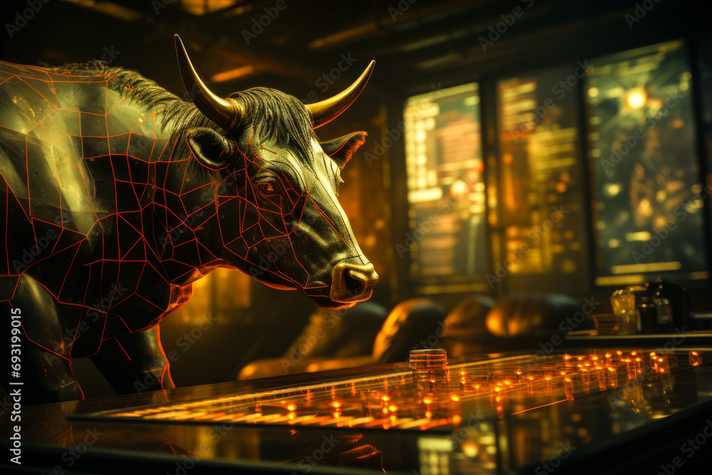 gold bull on chart background for business concept. Graph Stock Trading, crypto currency gold bull on chart background for business concept. Graph Stock Trading, crypto currency