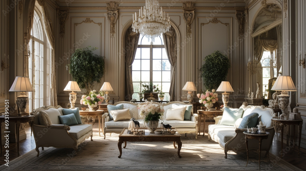 High-definition snapshot showcasing the classic beauty of a room adorned with plush sofas, ornate chairs, and an elegantly designed center table.