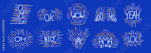 Cheerful, positive, joyful and festive cheers, slogans and words. Children's naive letterings and multi-colored bright speed lines rays.