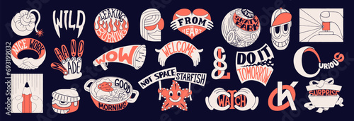 Stylish set of positive and motivational retro labels. Collection of fun modern patches and stickers with phrases, words and slogans.