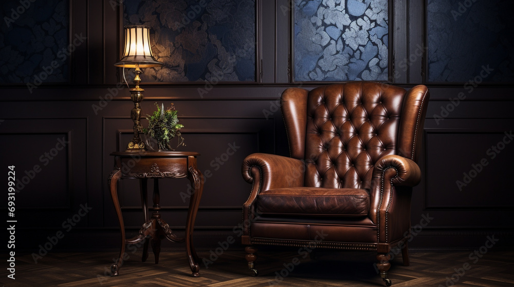 Classic armchair in a well-lit and tastefully decorated interior, offering generous copy space to accentuate the traditional charm and elegance.