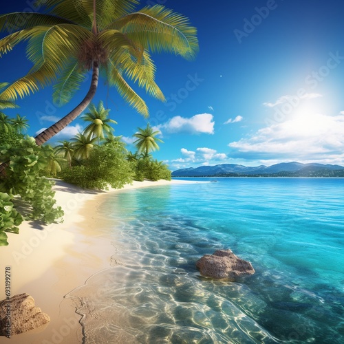 A picturesque scene of a sunny beach with palm leaves gently rustling in the breeze and a beautiful island on the horizon