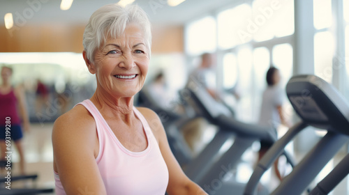 Smiling elderly woman exercising in sports center, lifestyle concept © DB Media