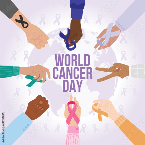 World Cancer Day 4 February. Female hands stacking together with pink, blue, yellow, black, white, teal cancer ribbons. Cancer prevention, health poster care. Hand drawn vector illustration