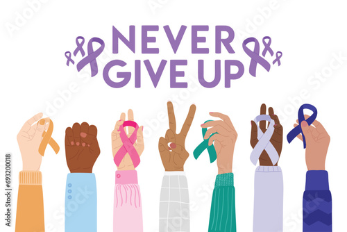 World Cancer Day 4 February. Pink, blue, yellow, white, teal cancer ribbons on raised fists, V-sign gesture. Never give up phrase. Cancer prevention and health care hand drawn illustration