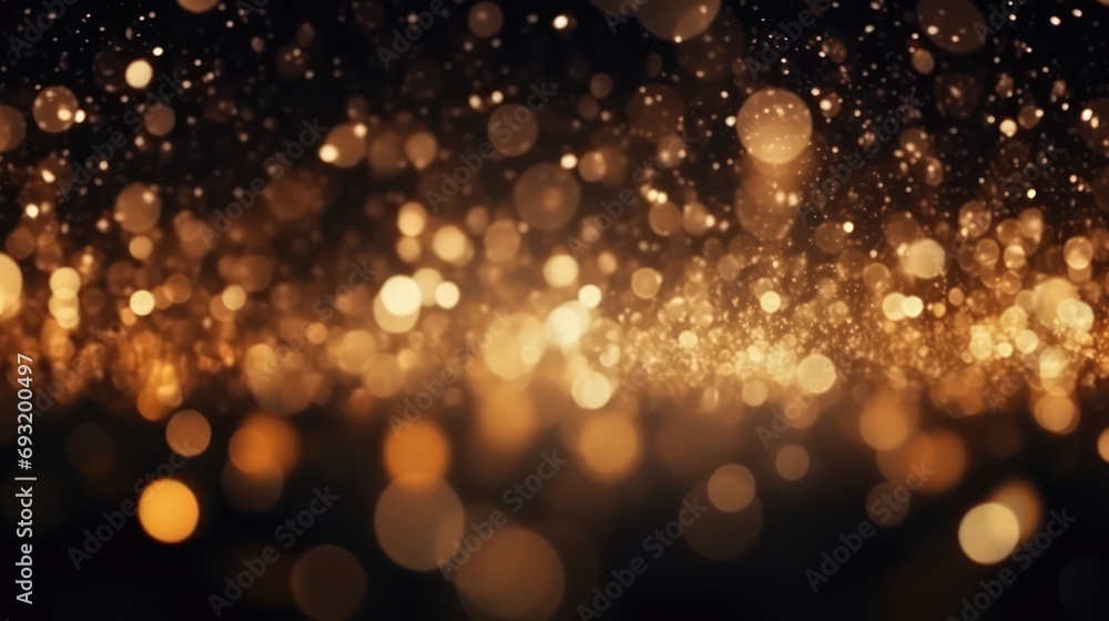 Glowing golden bokeh particles on a black background. Abstract background with a combination of black and gold particles - obrazy, fototapety, plakaty 