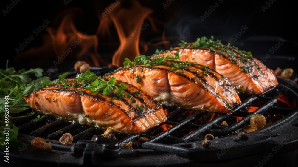 some salmon grilled on breads, cinematic elegance