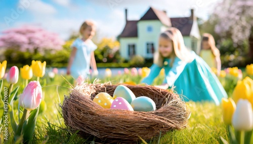 Ostereier im Körbchen, im Hintergrund Kinder bei der Ostereiersuche im Garten  photo