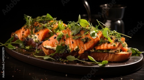 some salmon grilled on breads, cinematic elegance