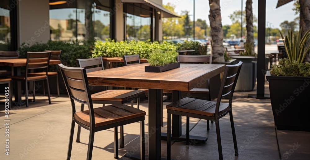 table and chairs for a restaurant in a parking lot