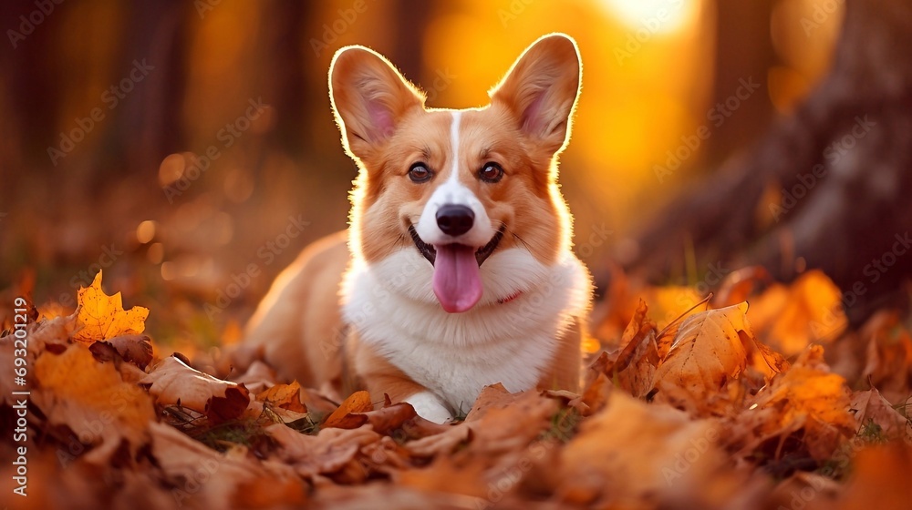 Happy Pembroke Welsh Corgi with tongue out in Autumn Park on a sunny day Happy Pembroke Welsh Corgi with tongue out in Autumn Park on a sunny day