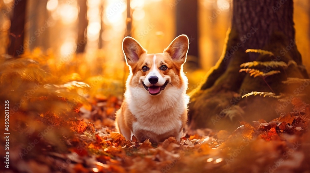 Beautiful portrait of a Welsh Corgi Pembroke. Welsh corgi dog in the autumn forest. Beautiful portrait of a Welsh Corgi Pembroke. Welsh corgi dog in the autumn forest.