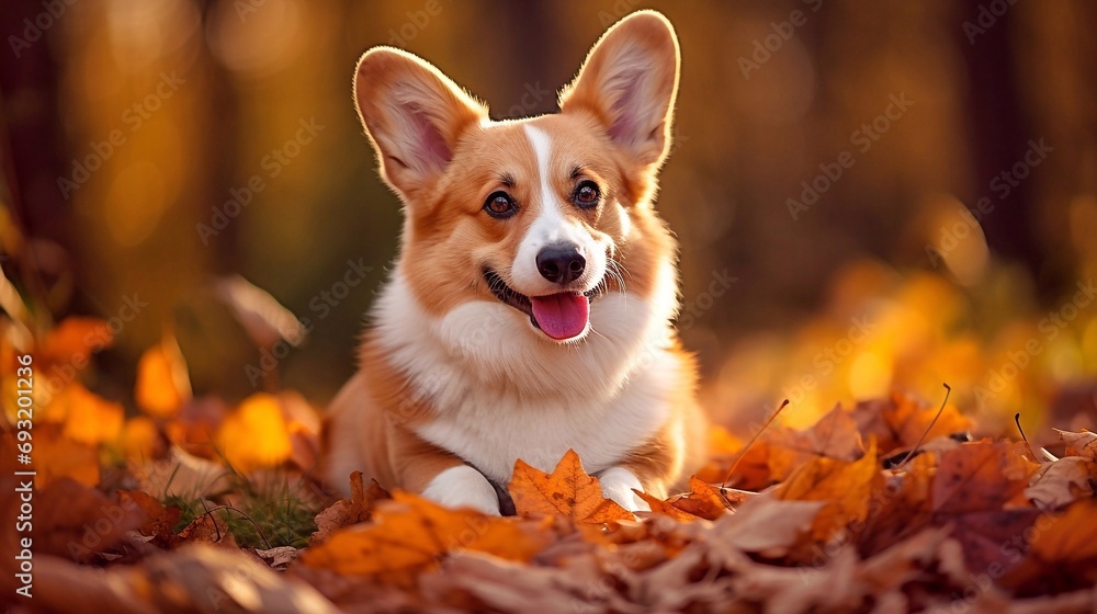 Cute pembroke welsh corgi with tongue out lying in leaves in autumn forest