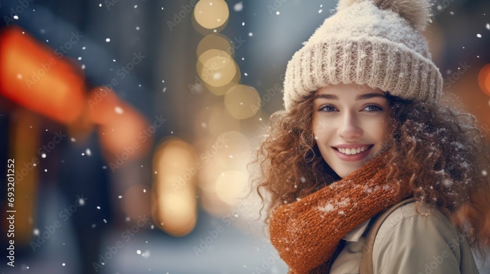 A beautiful young woman smiles in warm clothing with a blurred snowy city street background. Concept photo of holidays, Christmas, winter, and people A beautiful young woman smiles in warm clothing with a blurred snowy city street background. Concept photo of holidays, Christmas, winter, and people