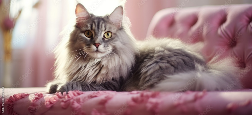 this picture shows a cat with pink furniture,