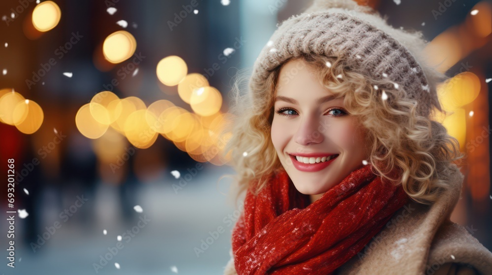 A beautiful young woman smiles in warm clothing with a blurred snowy city street background. Concept photo of holidays, Christmas, winter, and people A beautiful young woman smiles in warm clothing with a blurred snowy city street background. Concept photo of holidays, Christmas, winter, and people