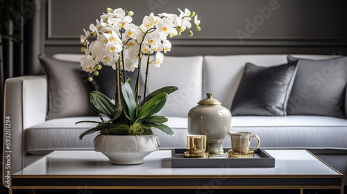 Wallpaper Mural Contemporary elegance in a well-lit living space, with a plush sofa, decorative greenery, and stylish accessories, enhanced by fresh flowers on a table against a modern gray backdrop. Torontodigital.ca