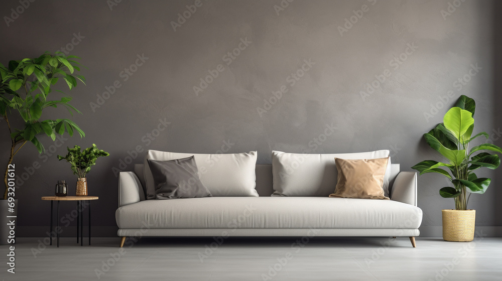 A glimpse into a modern and spacious room, featuring a comfortable sofa, decorative greenery, and elegant accessories, all set against a refined gray wall. A glimpse into a modern and spacious room, featuring a comfortable sofa, decorative greenery, and elegant accessories, all set against a refined gray wall.