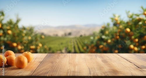 wooden table in an orange orchard photo