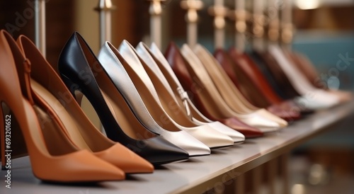women high heel shoes are lined up in row and hung on rack photo