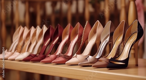women high heel shoes are lined up in row and hung on rack photo