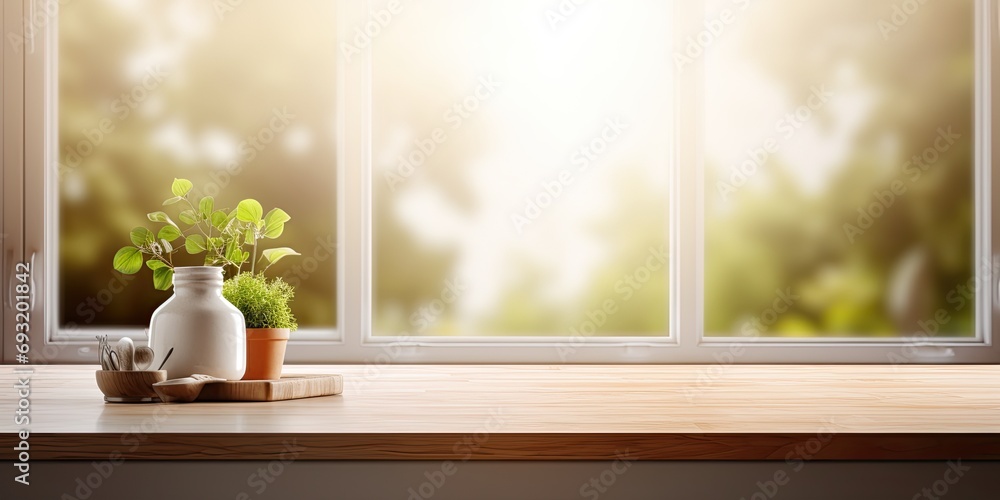 Kitchen mock up with an empty wooden table and blurred window background for design display. Kitchen mock up with an empty wooden table and blurred window background for design display.