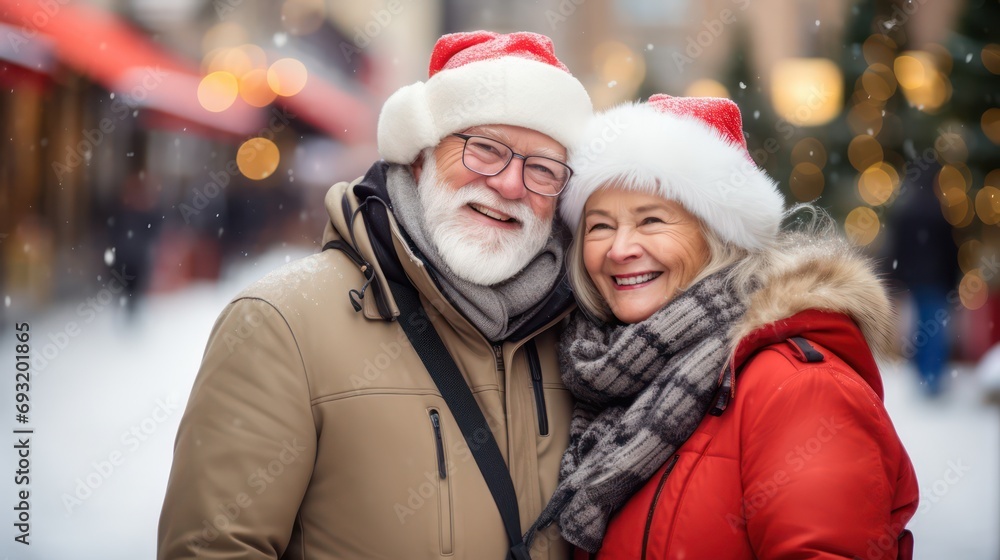 Fototapeta premium A romantic senior couple in warm clothing with a blurred snowy city street background. Concept photos of holidays, Senior couple, Christmas, winter, and people
