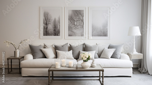 Soft and inviting grey sofa adorned with a symphony of throw pillows in a pristine white living room interior.