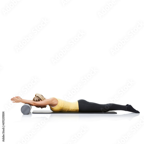 Stretching, foam roller and woman in a studio for exercise, wellness or gym routine with yoga mat. Stability, balance and young female athlete from Australia with body workout by white background.