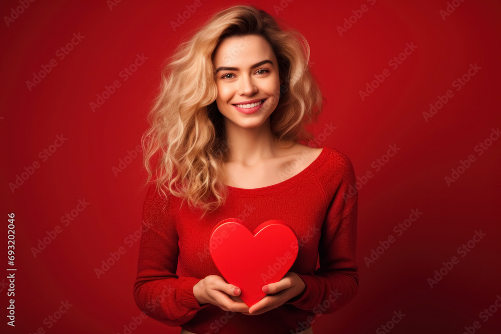 A beautiful woman with a heart-shaped gift box against a red backdrop A beautiful woman with a heart-shaped gift box against a red backdrop