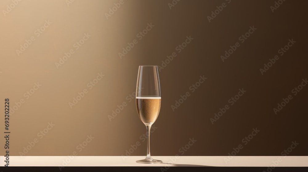  a glass of champagne sitting on top of a table next to a bottle of wine and a glass of wine in front of a brown wall with a brown background.