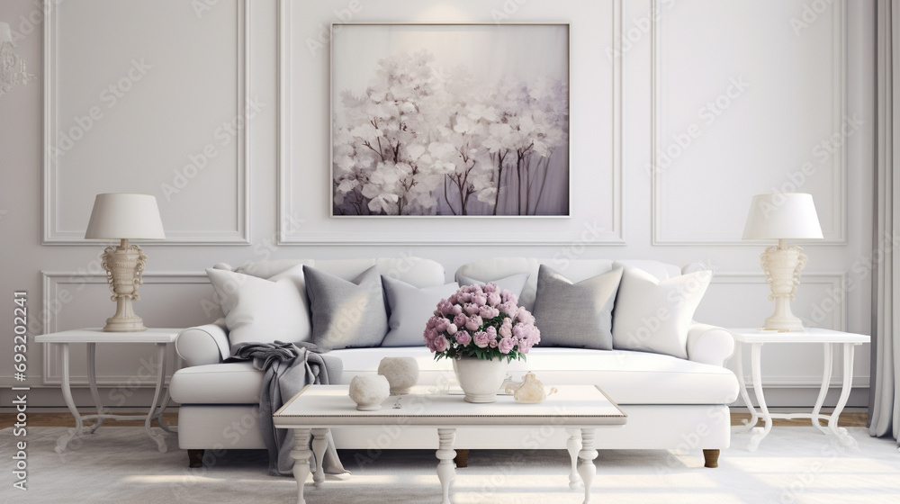 A captivating scene of a white living room with a grey sofa and carefully arranged throw pillows. A captivating scene of a white living room with a grey sofa and carefully arranged throw pillows.