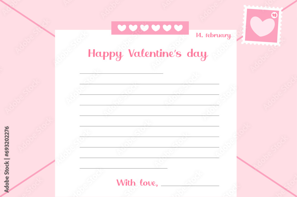 Valentine’s day letter template. Cute blank template with love elements and stamp. Paper with headline and envelop behind. Vector illustration. 