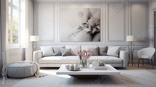 Serenity exuding from a white living room, featuring a plush grey sofa and matching throw pillows.