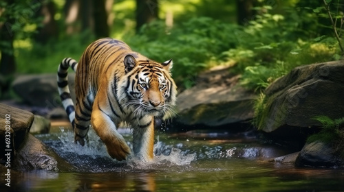 Amur tiger walking in the water. Dangerous animal, taiga, Russia. Animal forest stream generative ai