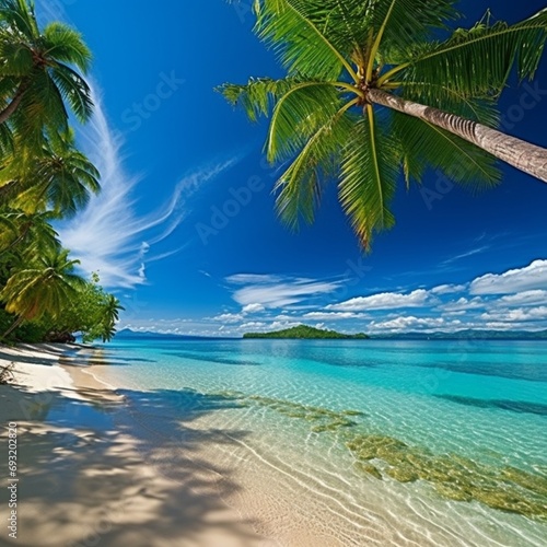 A stunning beach panorama with vibrant green palm leaves in the foreground and a captivating paradise island on the horizon