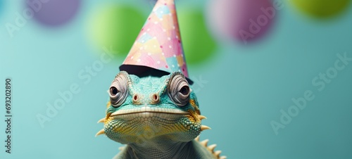 Iguana with birthday hat on a blue background with colorful balloons. Happy Birthday, carnival, New Year's eve, sylvester or other festive celebration.