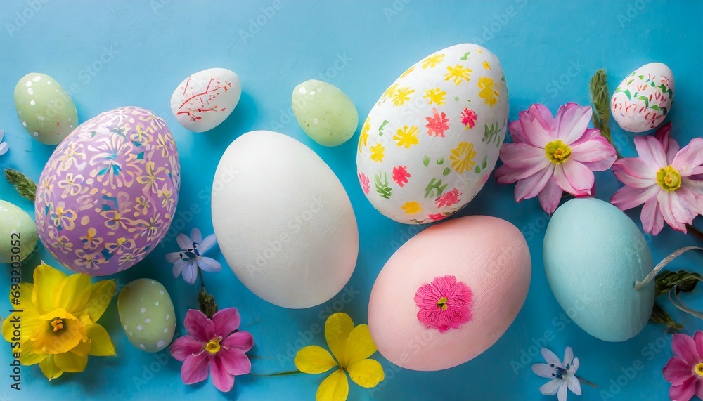 different color of easter eggs with different flower on blue background created with generative ai
