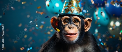 Happy Birthday, carnival, New Year's eve, sylvester or other festive celebration. Monkey in party hat with confetti on blue background.