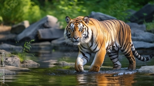 Amur tiger walking in the water. Dangerous animal  taiga  Russia. Animal forest stream generative ai