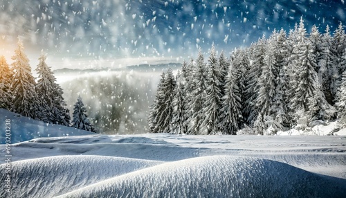 winter background of snow and frost with landscape of forest © Kelsey