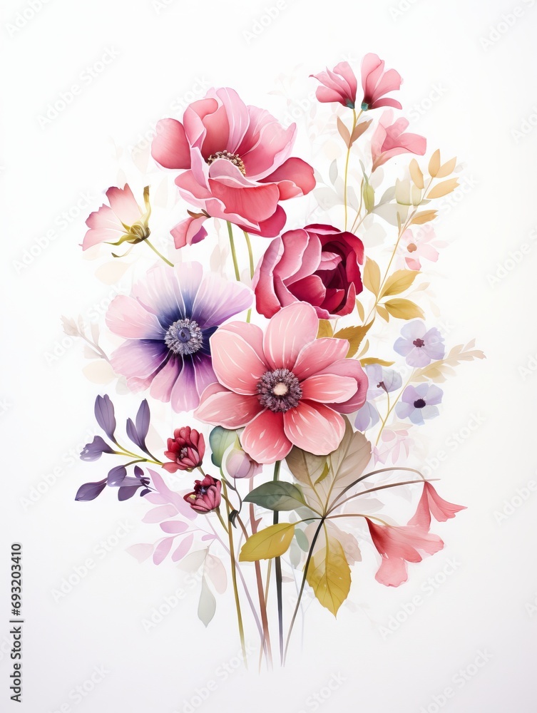 Isolated Watercolor Art Piece of Winter Flowers on White Background AI Generated