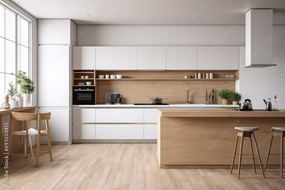 Fototapeta premium Modern kitchen with combination of light wood and white elements. Copyspace concept