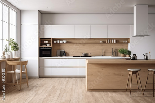 Modern kitchen with combination of light wood and white elements. Copyspace concept